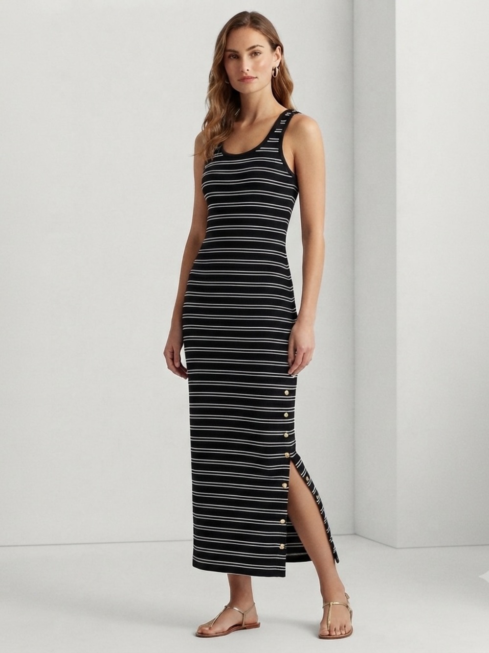 Lauren Ralph Large Striped Ribbed Maxi Dress Gold Button Side Slit Nautical